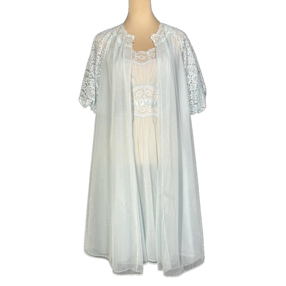 Vtg 50s Vanity Fair Double Chiffon Peignoir Nightgown Robe Lt Blue Lace Size 34